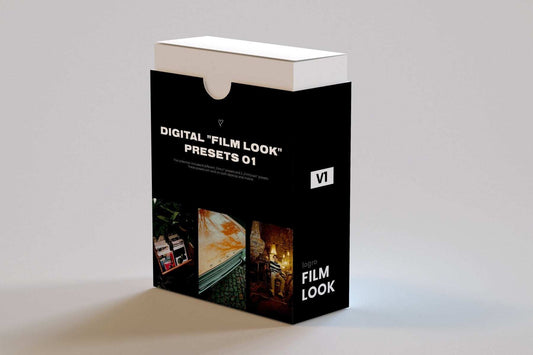 LOGRO Digital Film Look V1 preset bundle box for Lightroom and Photoshop with cinematic and film grain effects.